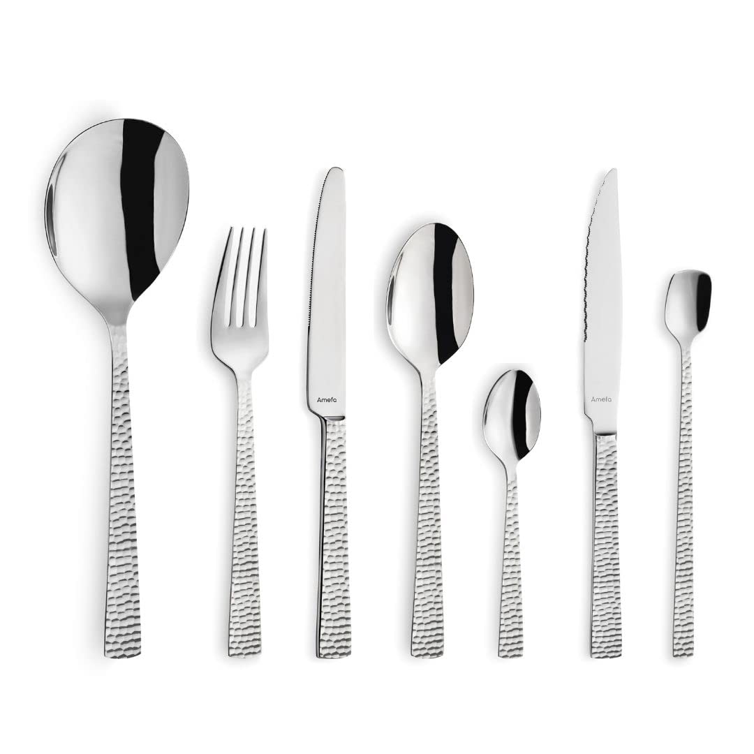 Amefa Felicity Cutlery Set for 6 People, 42 Pieces, 18/0 Stainless Steel, Hammered Handles, Knives, Steak Knives, Forks, Spoons, Serving Spoons and Teaspoons - Silver