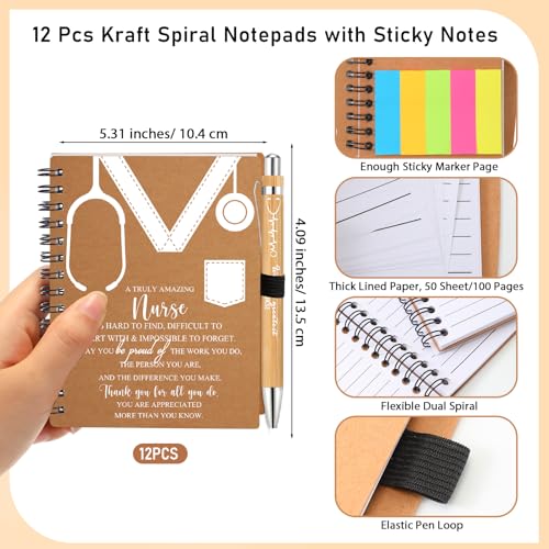 Jetec 12 Set 2025 Nurse Week Gifts Bulk Nursing Appreciation Thank You Gift Set Kraft Spiral Notebooks with Sticky Notes Bamboo Ballpoint Pen for Medical Assistants Healthcare Staff Students Coworker