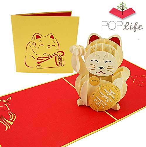 PopLife Cards Maneki-neko gato popup greeting card decoración de la riqueza tradicional japonesa, bienvenida calico pliegues planos para enviar por correo cumpleaños, ponerse bien, graduación