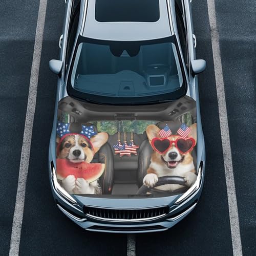 Image of Cute American Dog Car Hood Cover Polyester Elastic Fabrics Can be Washed Suitable for Large SUV and Pickup Trucks