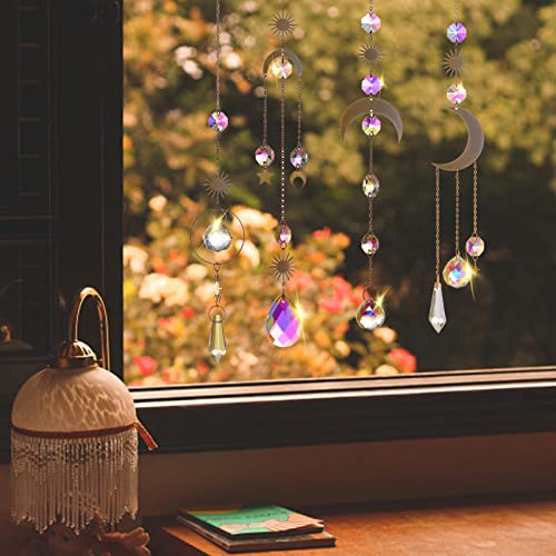 Halcyerdu 4 Pièces Attrape Soleil Cristal, Prisme Arc-en-Ciel, Pendentifs en Cristaux Arc-en-Ciel étoile de Lune Dorée, pour Plafonnier Décoration de Fenêtre Jardin Suspendu Décoration Extérieure… Cover