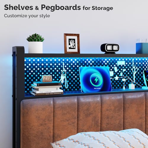 Image of VINGLI Full Size Headboard for Bed with 2 Tier Storage Shelves, Faux PU Leather Upholstered Head Board with Charging Stations,LED Light and Pegboard,Height Adjustable,Industrial Brown