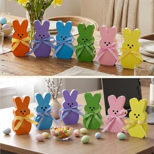 OLANRUN Easter Decorations for Home, 6 Pcs Wooden Bunny Table Decorations Signs with DIY Ribbons, Indoor Spring Easter Decor for Office Bedroom Kitchen Tiered Tray Mantel Shelf, 4.28 Inch - 5