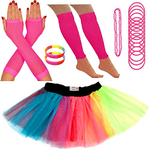 Redstar Fancy Dress - Tutu/guêtres/Mitaines résille/Collier de Perles/Bracelets en Caoutchouc/Bracelets Fluo - Arc-en-Ciel - 42-50