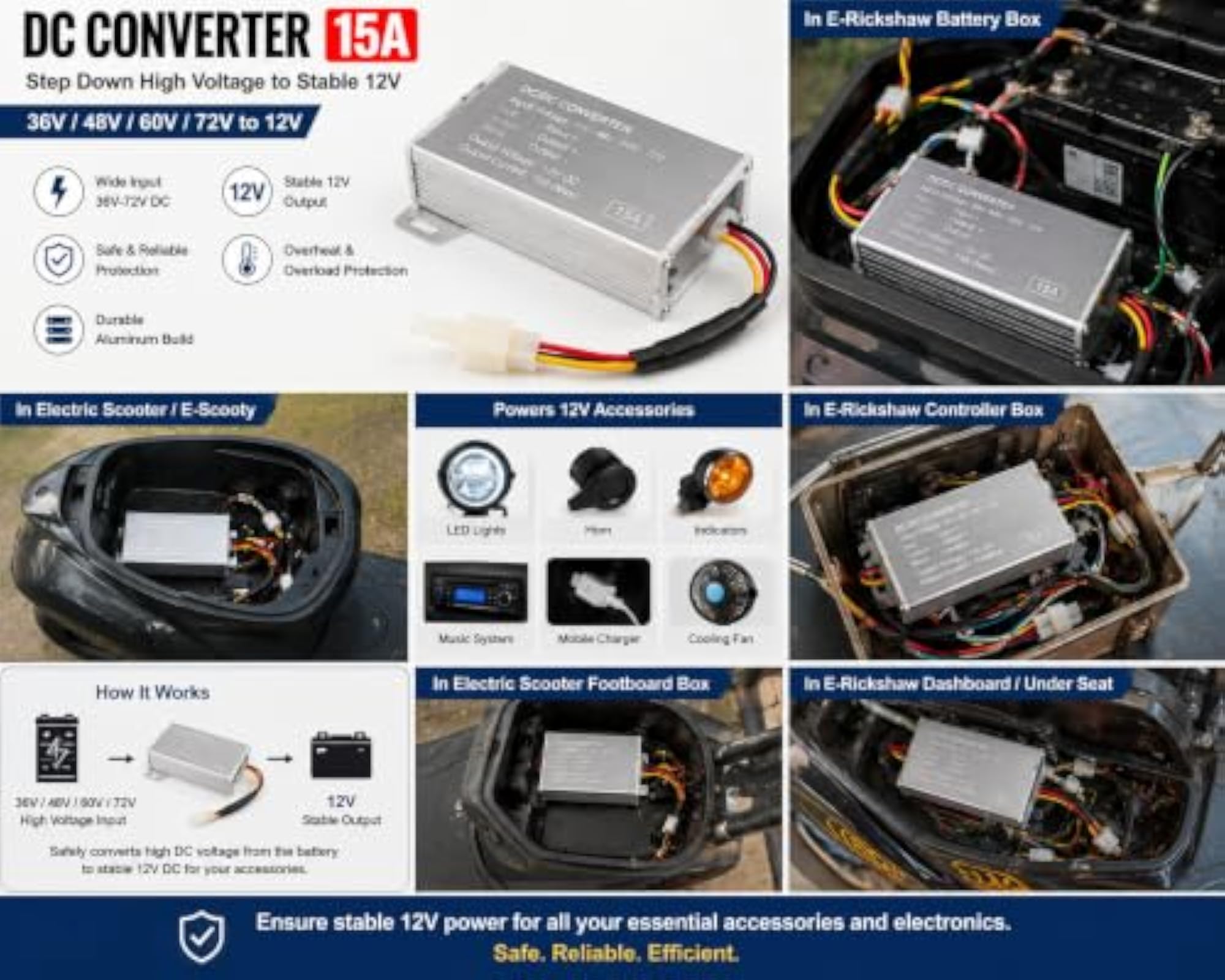 DC Converter 15A 24V/36V/48V/60V/72V to 12V Step Down Voltage Converter