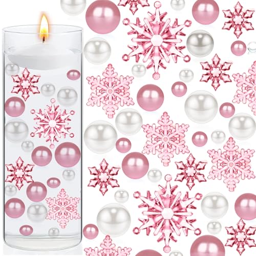 102 Pieces Christmas Vases Filler Decorations for Faux Pink Snowflakes Beads Party Garland for Vases Filler Wedding Centerpiece Christmas Party Decor