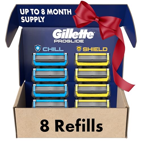 Gillette Mens Razor Blade Refills, 4 ProGlide Chill Cartridges, 4 ProGlide Shield Cartridges, Shields against Skin Irritation, Cools to sooth skin, 8 Count (Pack of 1)