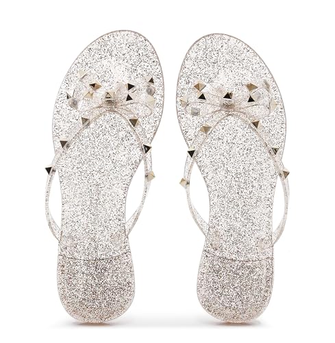 Image of Studded Jelly Shoes for Womens Bow Flip Flops Jellies Sandals Flat Black Summer Beach Thong with Rivets Strappy Slides Slip On
