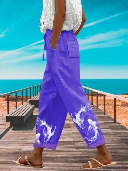 Womens Boho Graphic Casual Pants Loose Fit Elastic Waist Cotton Trouser Cropped Summer Trendy Wide Leg Pants - Image 2