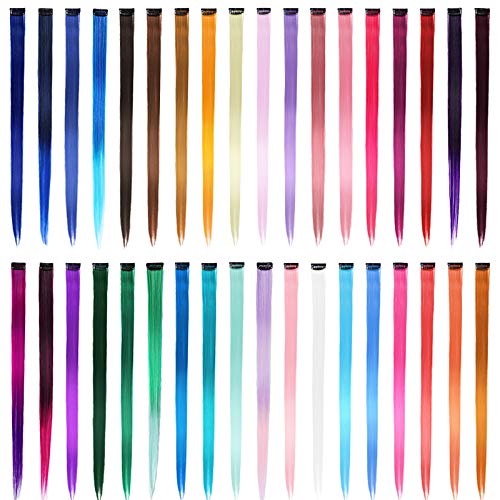 エクステンション 全36色 5本セット ウィッグ つけ毛 ポイント クリップ ワンタッチ カラー 取り付け簡単 グラデーションカラー 耐熱 パーティー コスプレ (バラ)