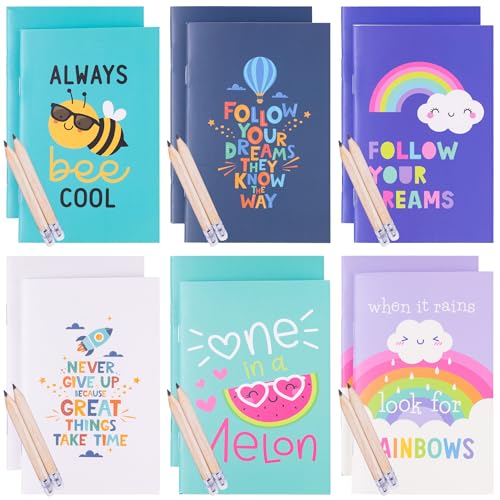 evelay Pack of 12 Mini Ruled A7 Notebooks with Pencils for Kids Party Bag Fillers Rewards Gifts Classroom Prizes Colourful Notepad & Pencil Set