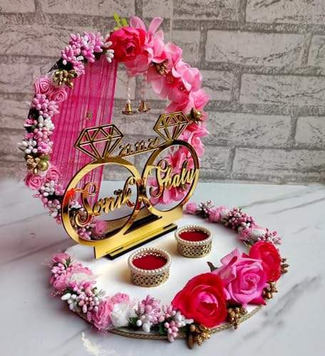 Image of Wedding Vibes Wooden Engagement Ring Platter Tray | 2 Detachable Ring Boxes | Pink Theme | Personalized Name Customization Available | 10 x 10 x 10 Inch