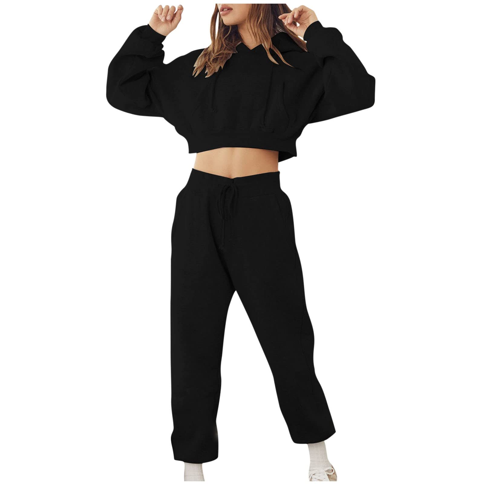 vinTIAN Womens Workout Set Two Piece Outfits Plain Cropped Hoodie Sweatshirt & Casual Drawstring High Waist Gym Sweatpants UK Promotion Sale Clearance