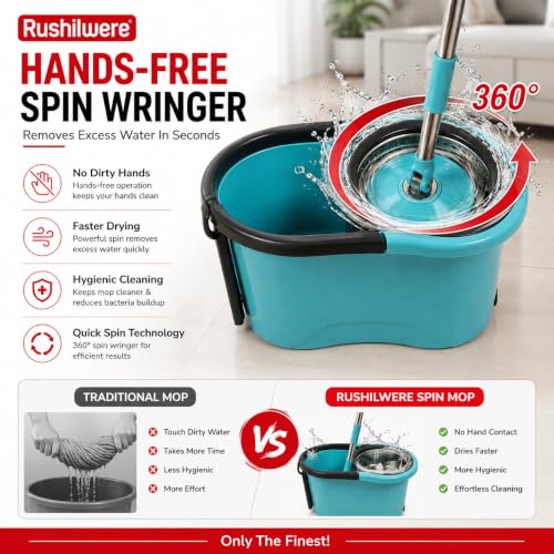 Image of 360 Spin Mop with Bucket for Floor Cleaning | Magic Mop Set with Wheels, Wringer & Microfiber Refill | Stainless Steel Handle Floor Cleaning Mop for Home, Tiles & Wooden Floors (Blue)