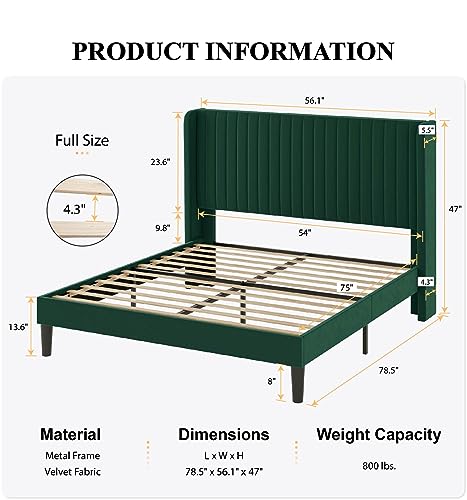 Image of SHA CERLIN Full Size Velvet Bed Frame, Tufted Wingback Headboard, Green | 47'' Modern Vertical Channel Headboard, Upholstered Platform Bed, Wood Slats, No Box Spring Needed, Easy Assembly, Noise Free
