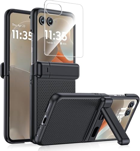 Image of Kapa Textured Grip with Stand Hinge Protection Back Cover for Moto Razr 50 Ultra | with [Inbuilt Glass] Full Body Shockproof Hard Back Case (Black)