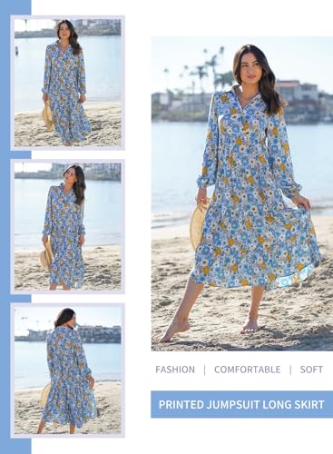 Dokotoo Women's Casual Loose Bohemian Floral Dresses 2025 Long Puff Sleeve V Neck Ruffle A Line Flowy Summer Beach Dress4