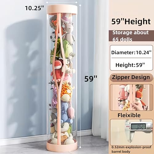 Flarelyare Stuffed Animal Storage Tube,Stuff Animal Organizer,Stuffed Animal Zoo Storage ,Stuffed Animal Zoo Storage, PET Transparent Bucket with Zipper for Kids (Pink)