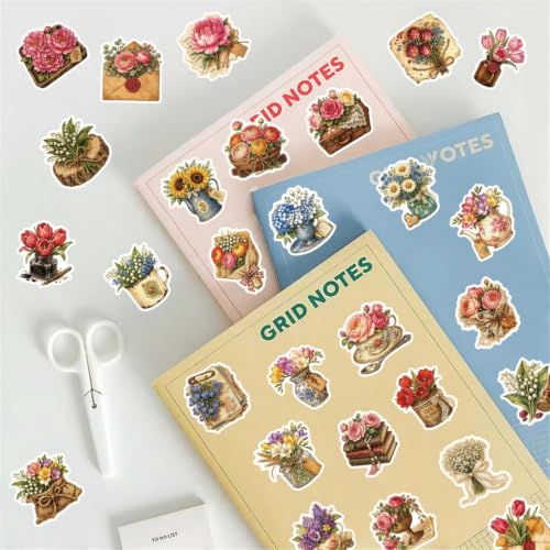 Image of Aesthetic Flowers Stickers Flora Scrapbook Stickers(Vintage) | Vintage Flowers Waterproof Sticker for Scrapbook Journal Water Bottle Kindle DIY Crafts Party Supplies