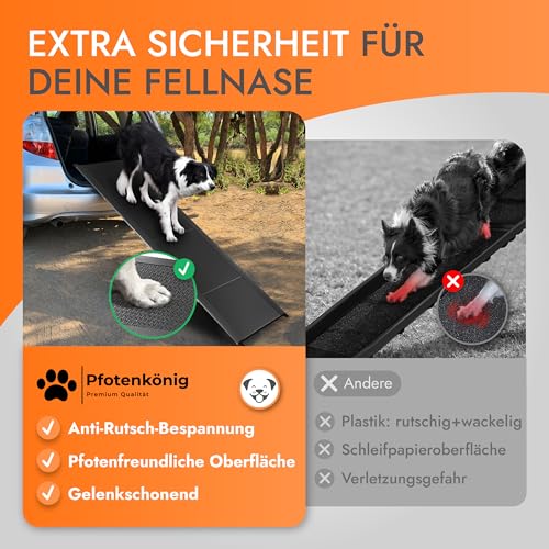 PFOTENKÖNIG Hunderampe - bis 90kg - [PLATZWUNDER] - stabile Premium Hunderampe Auto klappbar - Anti-Rutsch Hunderampe Auto aus Leicht-Alu - passt für alle Fahrzeuge
