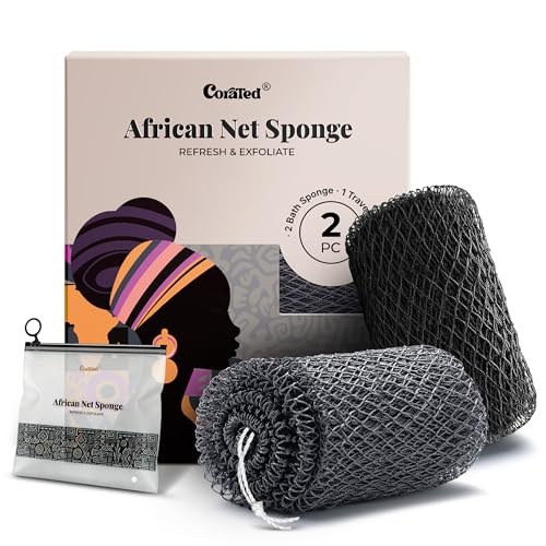 CORATED Spugna a rete africana autentica, spugna da bagno esfoliante in luffa da doccia, scrubber per il corpo da donna, per uso quotidiano, accessori da bagno portatili da viaggio per il bagno (nero