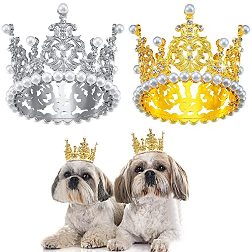 BIPY 2 Stück Hundekrone Stirnband Haustier Geburtstag Hüte Kopfschmuck Gold Silber Prinzessin Strass Kunstperle Krone Tiaras für mittelgroße kleine Welpen Katzen Hunde Party Hochzeit Haarschmuck