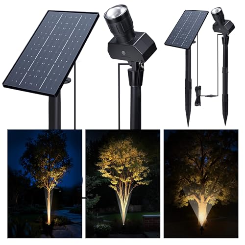 Varmtalys Solar Spot Lights Outdoor, Adjustable Angle Waterproof Landscape Spotlight, All Night LED Uplights Separate Panel, Warm & Daylight Selectable (3000k/4500k/6500k) for Tree Yard Garden 2 Pack