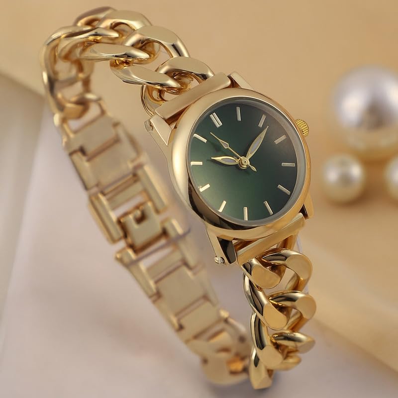 Image of Haute Sauce Women's The Sova Chainlink Round Watch | Gold Stainless Steel Strap | Emerald Green Dial | One-Size | Foldover Closure | Quartz | Analogue | Wrist Belt Watch for Female & Girls