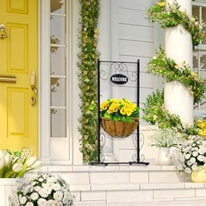 Sorbus Welcome Planter Basket Stand with Coco Liner Stylish Flower Plant and Outdoor Decor for Home Garden Patio Deck Black Metal