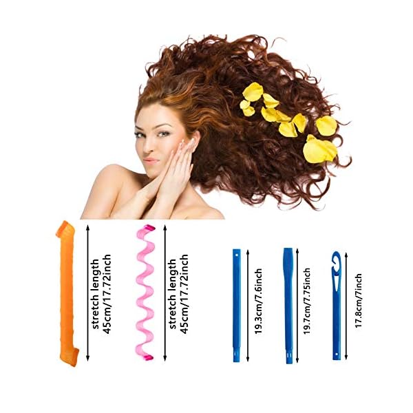 64Pcs Hair Curlers Spiral Curlers No Heat Curlers Curly Wavy Hair Curlers Spiral Hair Curls Styling Kit 2 Style Magic Hair Curler Spiral Hair Curlers with 2 Pieces Styling Hooks （45CM)
