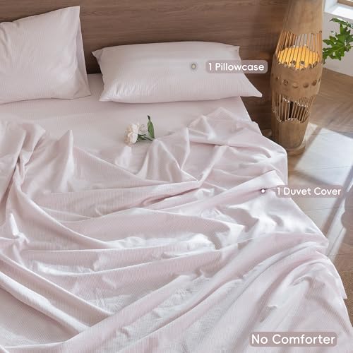 Image of MooMee Striped Duvet Cover Set 100% Washed Cotton Linen Like Twin | Relaxed Linen-like Texture. Soft, Breathable & Long-lasting Comfort. Lightweight. Hidden Zipper with 8 Interior Corner Ties