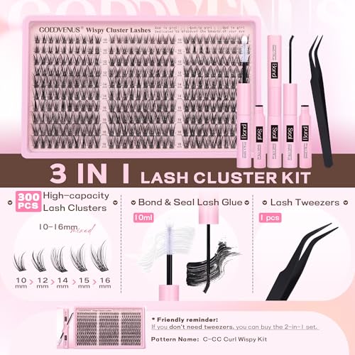 Image of Lash Clusters Kit Wispy Eyelash Clusters Lashes Natural DIY Lash Extension Kit 10-16mm Cluster Eyelash Extensions Kit 300pcs C Curl Individual Lashes Cluster Eyelash (With Tweezers)