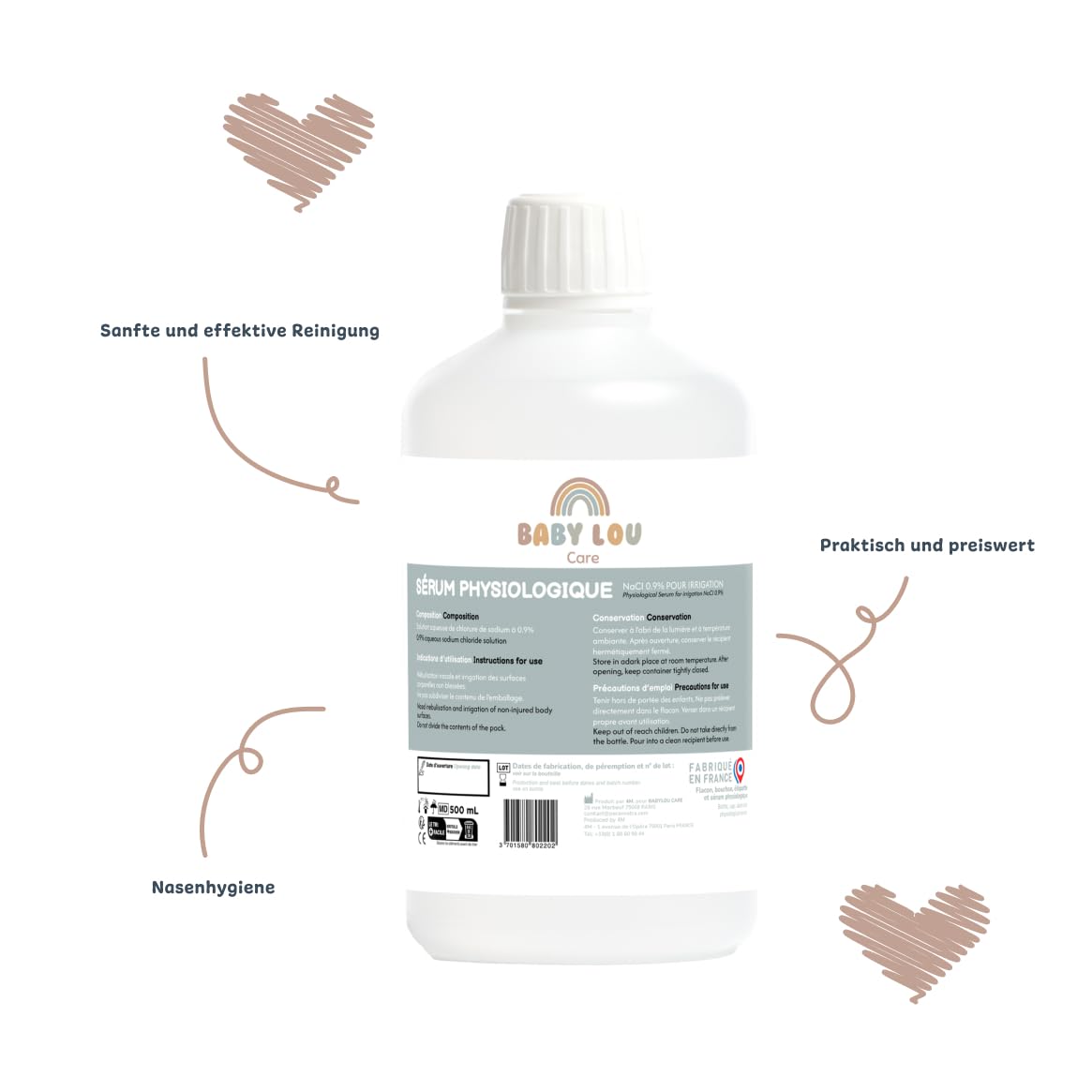 Physiologische Kochsalzlösung Flasche 4x500ml | NaCl 0,9% | Nasenspülung | Nasenhygiene | Zur äußeren Spülung