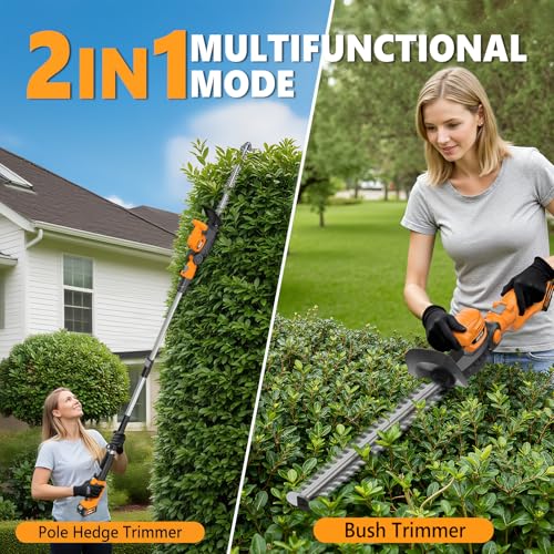 Image of Alloyman 20V 2-in-1 Cordless Pole & Handheld Hedge Trimmer,Electric Hedge Trimmer with 2 Packs 4.0Ah Battery & Charger,8.5-Feet Reach, 11 Rotating Head Hedge Trimmers for Shrub Pruning