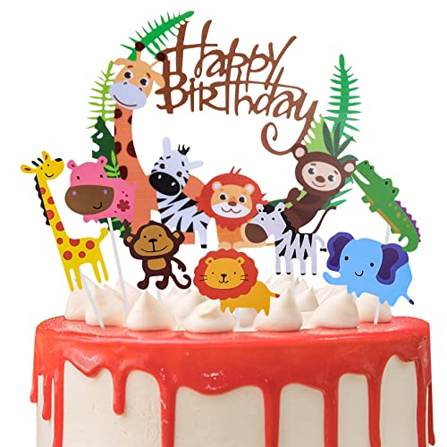 22 Pezzi Toppers Torta Animale Zoo, 1 Striscione di Compleanno Animali della Giungla, Decorazioni per Torta di Compleanno, Happy Birthday Banner, Animali Della Giungla Cupcake Topper