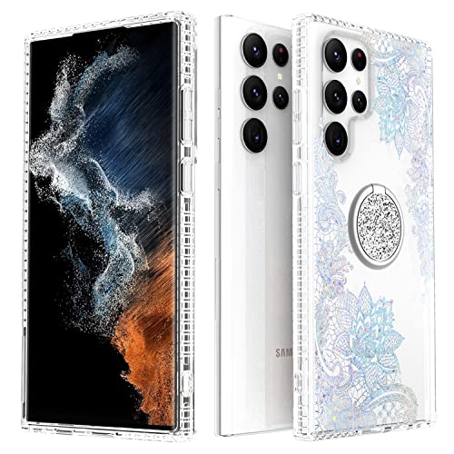Laurraine-Hülle kompatibel mit Samsung S22 Ultra5G, Luxus-Glanz-Marmor-IMD-Schlankhülle, Gold-Glitzer-Marmor-Design mit 360-Grad-Schwenkring-Ständer für Galaxy S22 5G (Silber) Cover