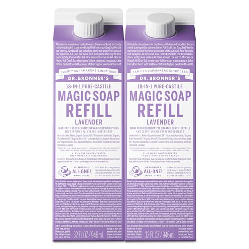Dr. Bronner's Magic Soap-Pure-Castile Liquid Refill (Lavender, 32 ounce, 2-Pack) - Made with Regenerative Organic Certified Oils, For Body, Hair, Laundry, Pets & Dishes, Concentrated, Vegan, Non-GMO