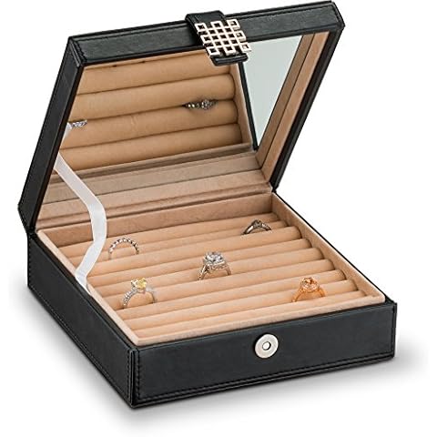 Glenor Co Ring Box Organizer - 54 Slot Classic Jewelry Display Case Holder - Storage Tray with Modern Buckle Closure, Large Mirror - for Rings and Cufflinks - Small for Travel - PU leather - Black Cover