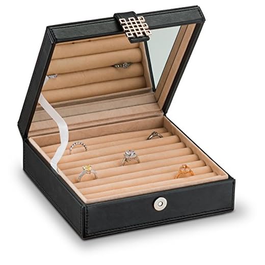 Glenor Co Ring Box Organizer - 54 Slot Classic Jewelry Display Case Holder - Storage Tray with Modern Buckle Closure, Large Mirror - for Rings and Cufflinks - Small for Travel - PU leather - Black