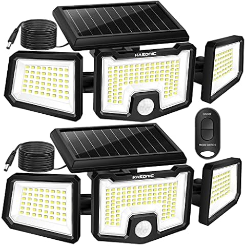 K KASONIC Security Solar Lights Outdoor, 2500LM LED 6500K Super Bright Motion Sensor with Remote, 15 feet Cable, Wide Angle, 3 Adjustable Heads, IP65 Waterproof, Flood Light, Daylight (2 Pack) Cover