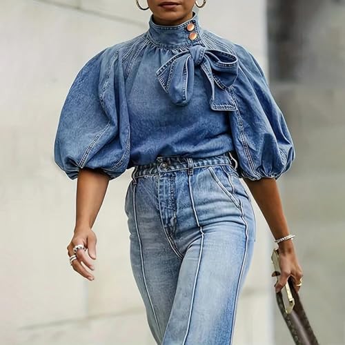 Women's Bow Design Denim Pullover Top Button Up High Neck Fashionable Jacket with Elastic and Puff Sleeves2