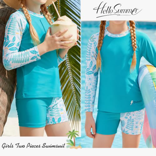Image of Girls Swimsuit Two Piece Rash Guard Set for 4-14 Years UPF 50+ UV Protective Long Sleeve Swimwear
