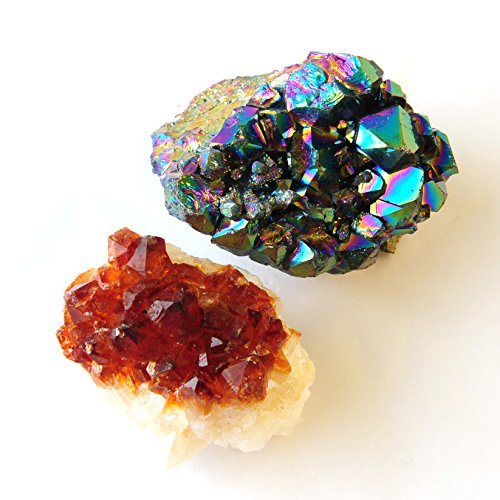 JIC Gem 2 Piece Druzy Set: 1 Heat-Treated Citrine Druzy Specimen and 1 Rainbow Titanium Coated Amethyst Druzy Specimen (1.5-3 Inches)