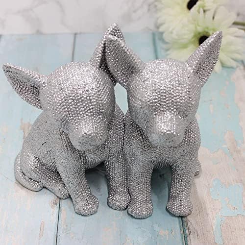 Two Chihuahua Silver Glitter Ornament - Diamante Dog Ornamental Gift for Animal Lovers, Exquisite Home Decor Figure