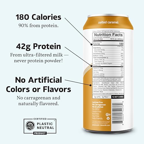 Image of Slate Milk -Ultra Protein Shake-Salted Caramel-42g Protein,1g Sugar,180 Calories,1g Net Carbs-Lactose Free,No Added Sugar-Made with Ultra Filtered Milk- Breakfast Boost,Post Workout- 15 fl oz,12 Cans