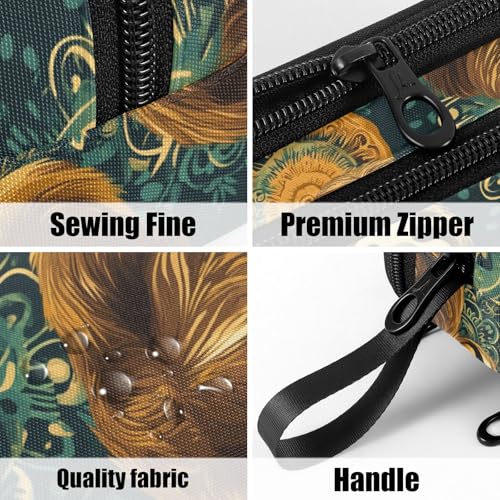 Image of Fustylead Retro Cute Sloths on Green Mandala Background Large Pencil Case Portable Stationery Bag Cosmetics Bag with Handle for School Office Travel