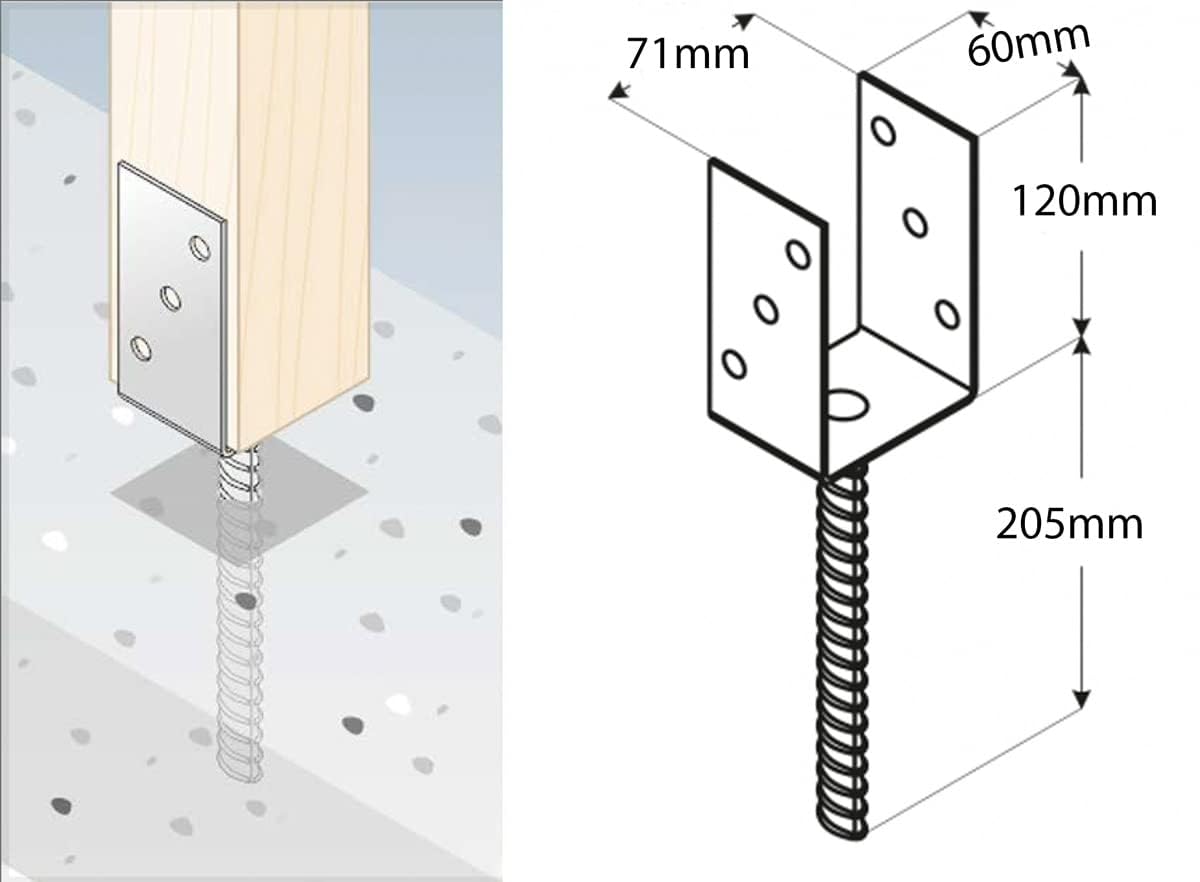 71mm x 120mm x 60mm Heavy Duty Post Base Concrete Anchor Support for Pergola Terrace Gazebo U Bracket Decking Spike (Pack of 1) - Image 2