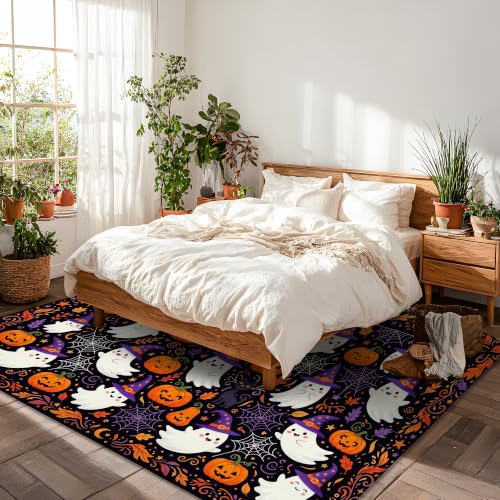 Alfombra de área fantasma calabazas murciélago Halloween naranja rectangular para dormitorio 5