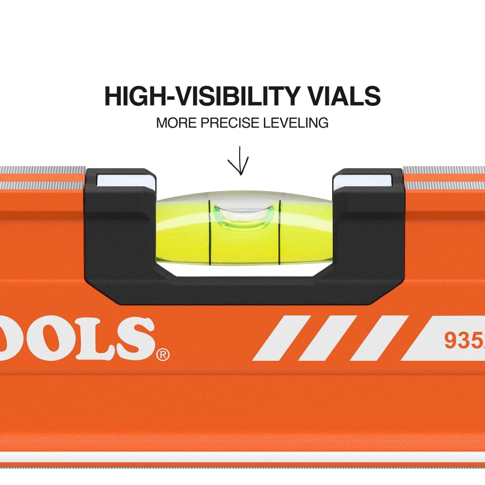 Klein Tools 93524MAG Niveau de boîte de 61 cm, niveau à bulle magnétique, 3 fioles, orange haute visibilité, corps en aluminium, rainure en V et rail magnétique, 61 cm