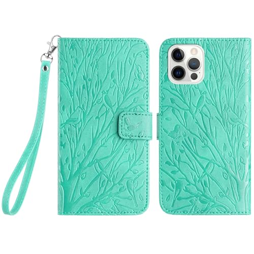 Étui iPhone 15 Pro Max portefeuille vert en cuir PU avec étui porte-cartes et béquille